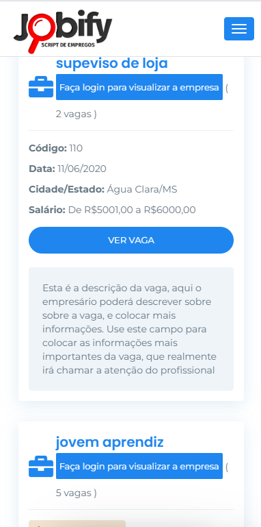 Listagem de vagas no sistema Jobify