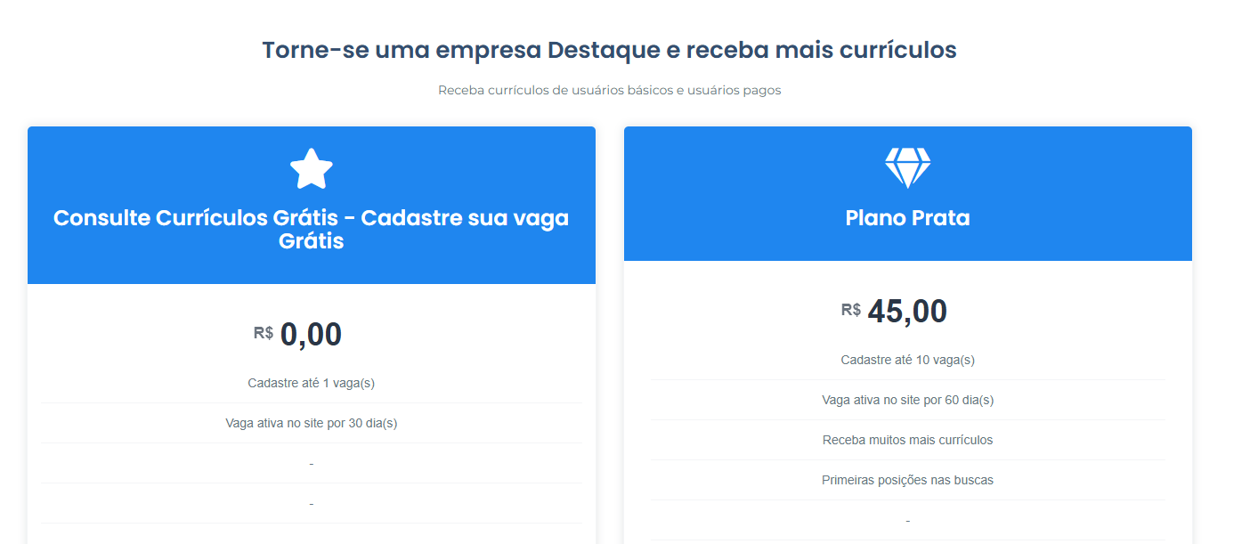 Planos para empresas no sistema Jobify